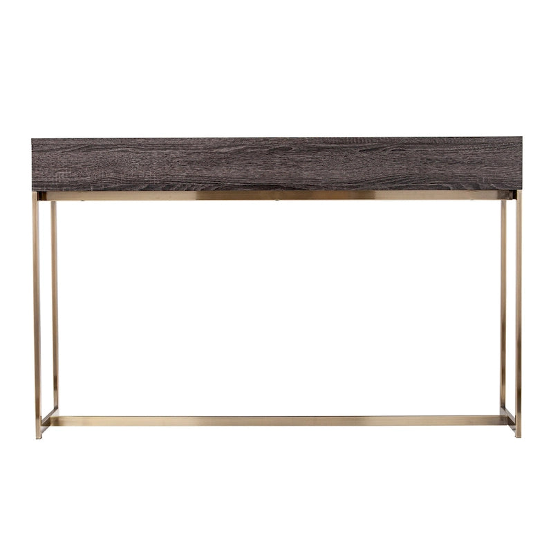Mesa consola de transición de roble negro/latón antiguo con cajón