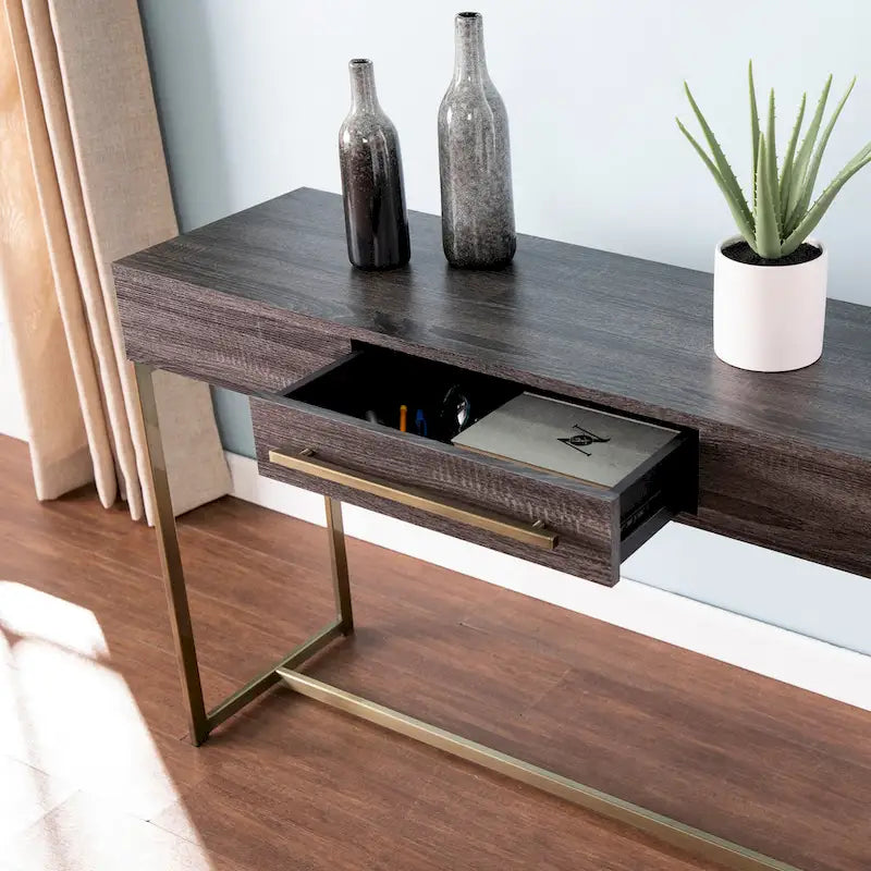 Mesa consola de transición de roble negro/latón antiguo con cajón