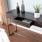 Mesa consola de transición de roble negro/latón antiguo con cajón