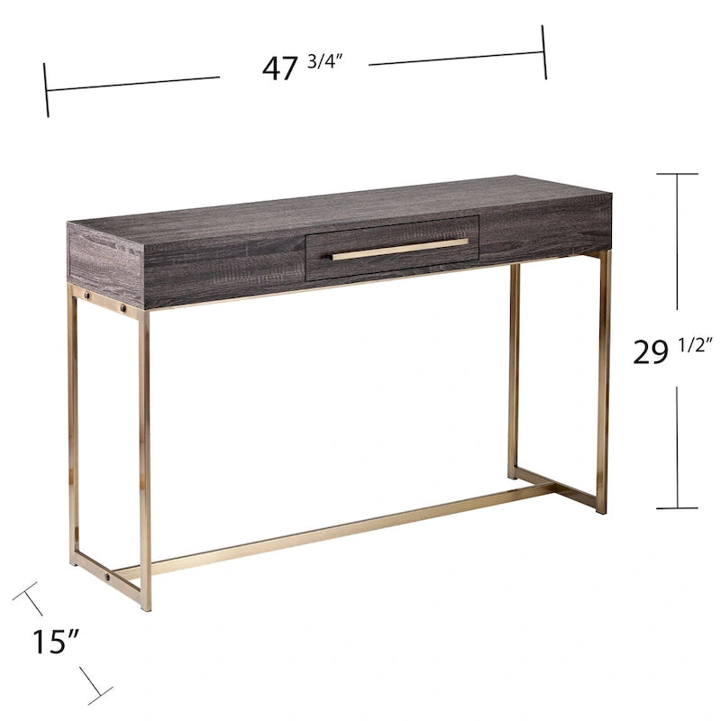 Mesa consola de transición de roble negro/latón antiguo con cajón