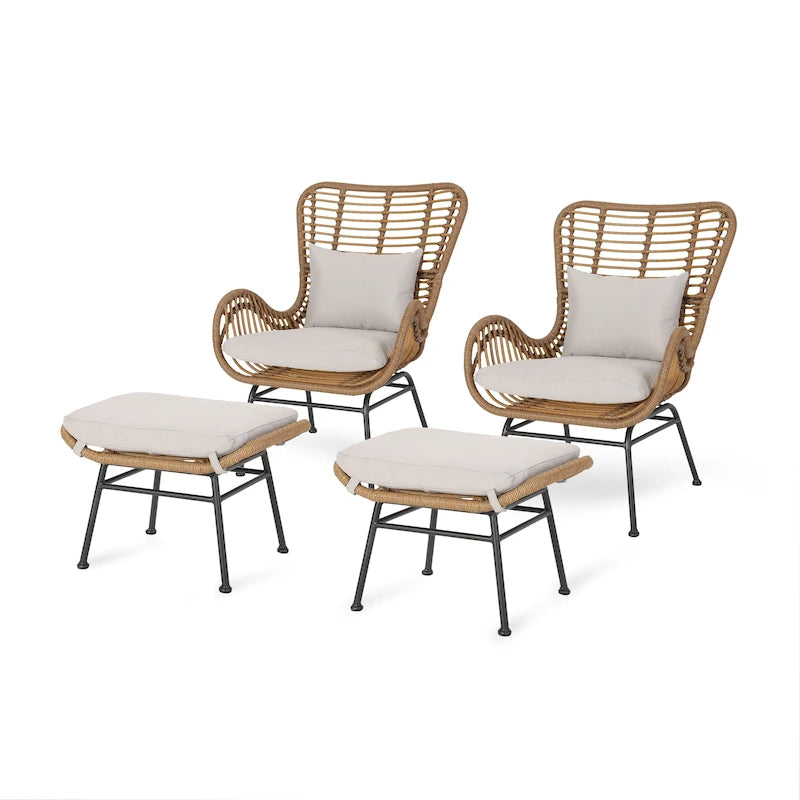 Juego de conversación para exterior de mimbre gris/beige con otomanas, 4 piezas, 2 personas