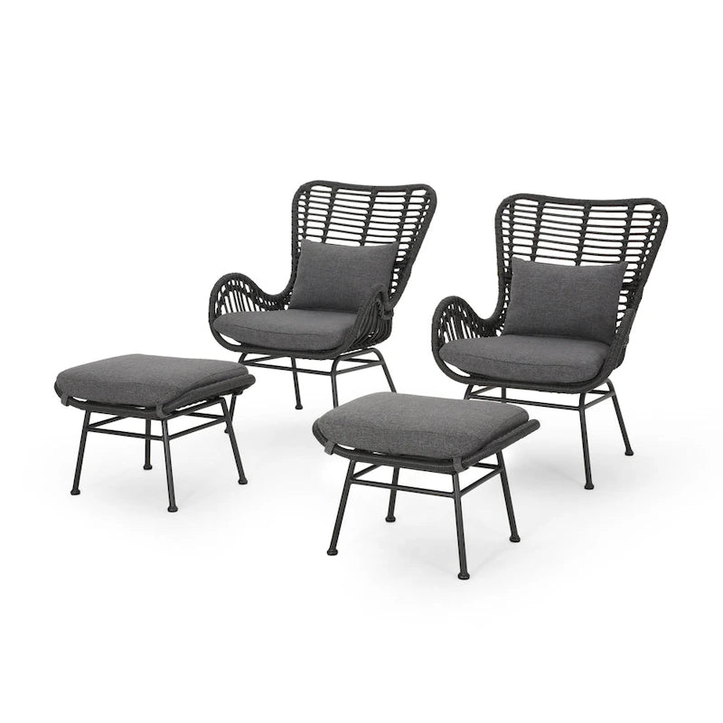 Juego de conversación para exterior de mimbre gris/beige con otomanas, 4 piezas, 2 personas