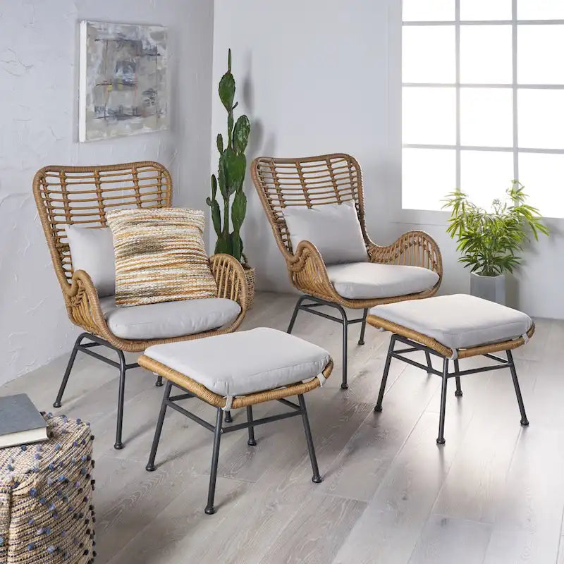 Juego de conversación para exterior de mimbre gris/beige con otomanas, 4 piezas, 2 personas