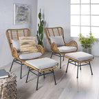 Juego de conversación para exterior de mimbre gris/beige con otomanas, 4 piezas, 2 personas