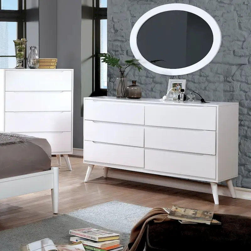 Cómoda de 6 cajones y espejo ovalado de estilo Mid-Century, de 2 piezas, en colores gris, roble, negro o blanco