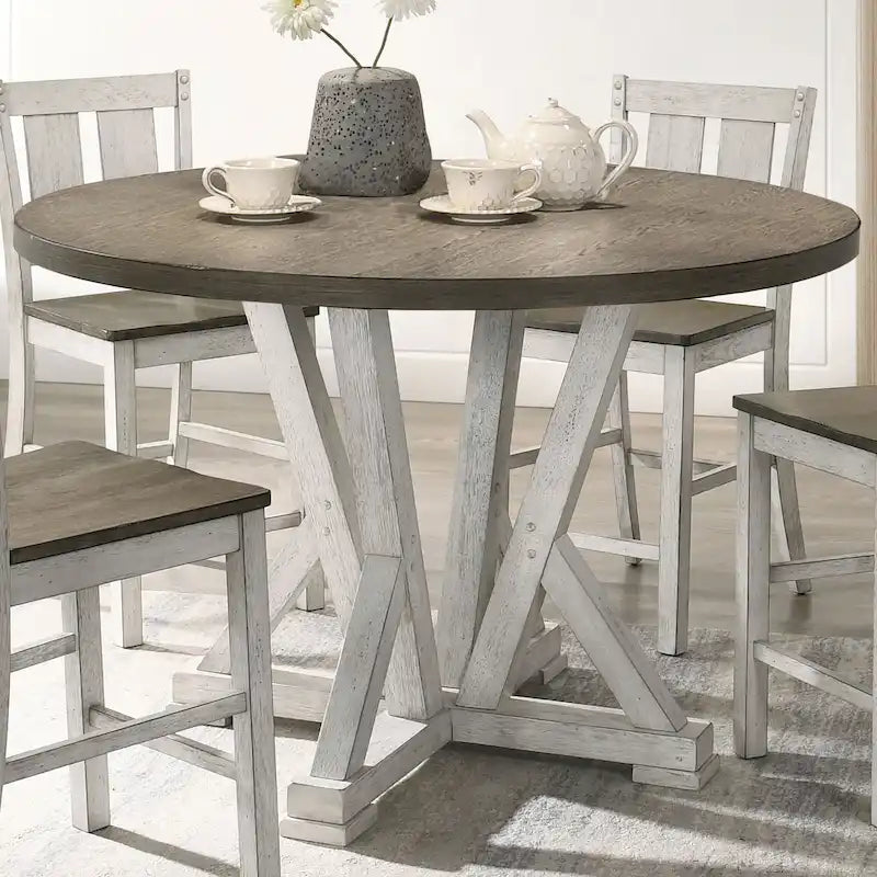 Mesa de comedor redonda a la altura de mostrador Ash Brown y Antique White, para 4 personas