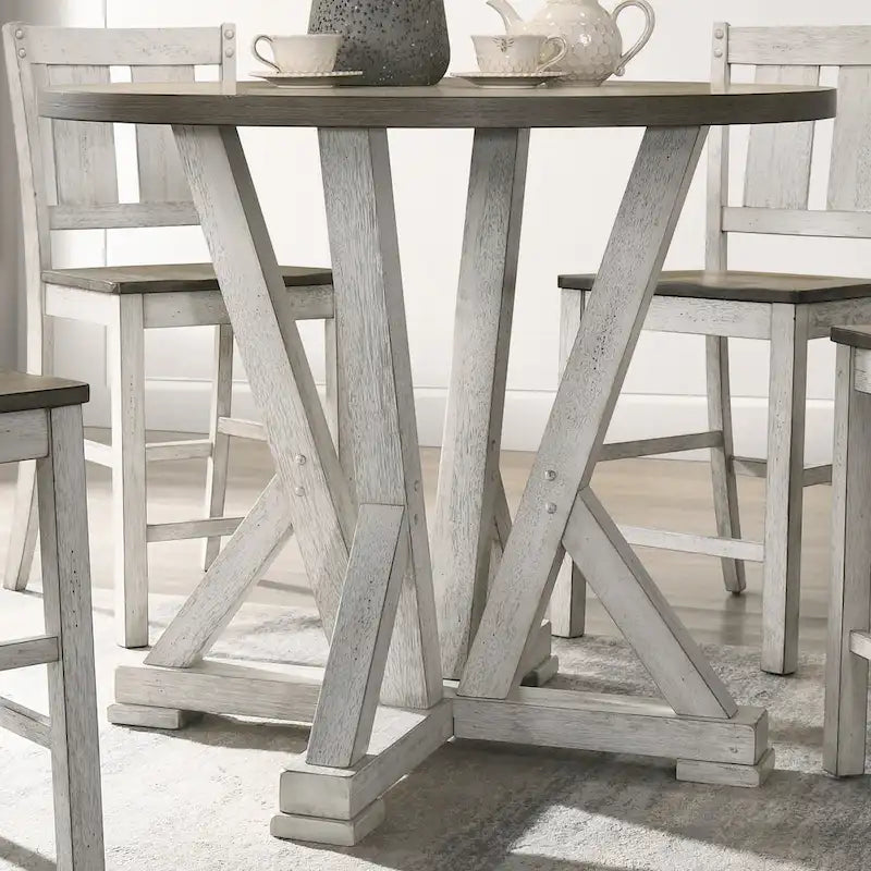 Mesa de comedor redonda a la altura de mostrador Ash Brown y Antique White, para 4 personas