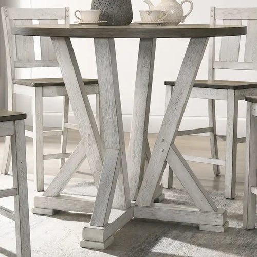 Mesa de comedor redonda a la altura de mostrador Ash Brown y Antique White, para 4 personas