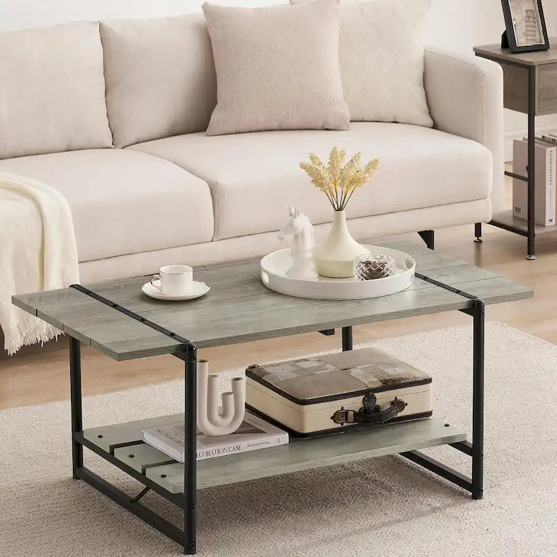 Mesa de Centro Industrial de 2 Niveles – Gris / Nogal Negro / Roble, para 1 persona