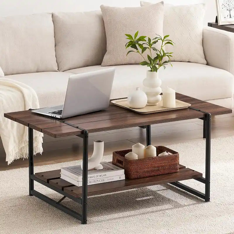 Mesa de Centro Industrial de 2 Niveles – Gris / Nogal Negro / Roble, para 1 persona