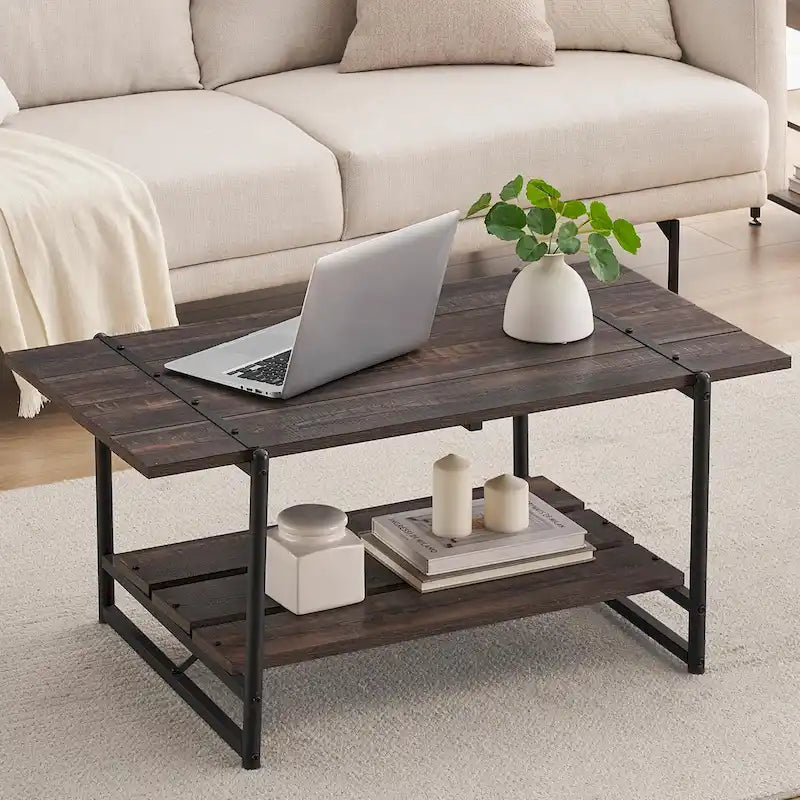 Mesa de Centro Industrial de 2 Niveles – Gris / Nogal Negro / Roble, para 1 persona