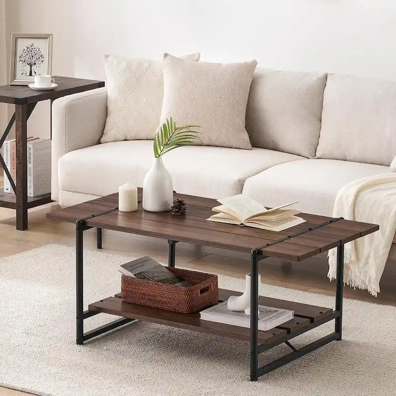 Mesa de Centro Industrial de 2 Niveles – Gris / Nogal Negro / Roble, para 1 persona