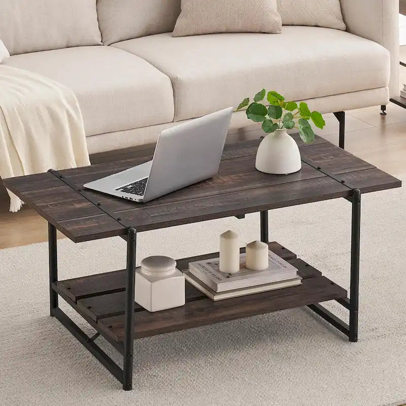 Mesa de Centro Industrial de 2 Niveles – Gris / Nogal Negro / Roble, para 1 persona