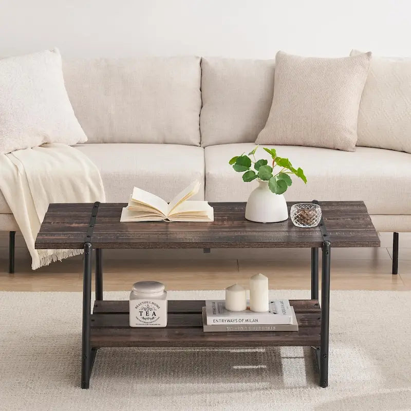 Mesa de Centro Industrial de 2 Niveles – Gris / Nogal Negro / Roble, para 1 persona