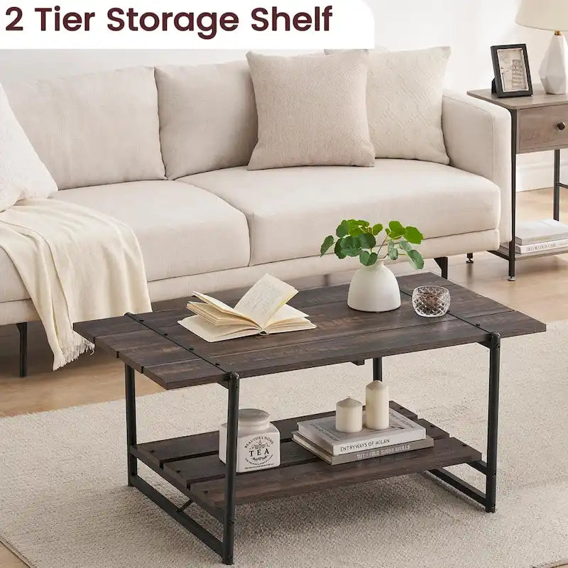 Mesa de Centro Industrial de 2 Niveles – Gris / Nogal Negro / Roble, para 1 persona