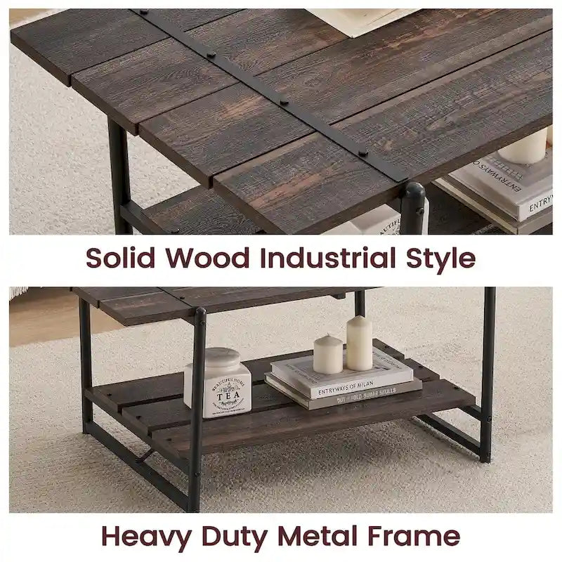Mesa de Centro Industrial de 2 Niveles – Gris / Nogal Negro / Roble, para 1 persona