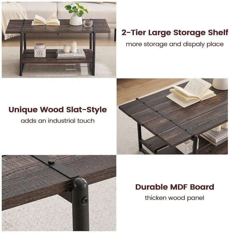 Mesa de Centro Industrial de 2 Niveles – Gris / Nogal Negro / Roble, para 1 persona