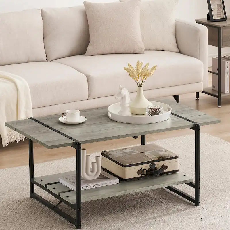 Mesa de Centro Industrial de 2 Niveles – Gris / Nogal Negro / Roble, para 1 persona