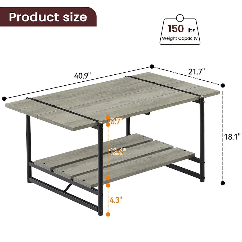 Mesa de Centro Industrial de 2 Niveles – Gris / Nogal Negro / Roble, para 1 persona
