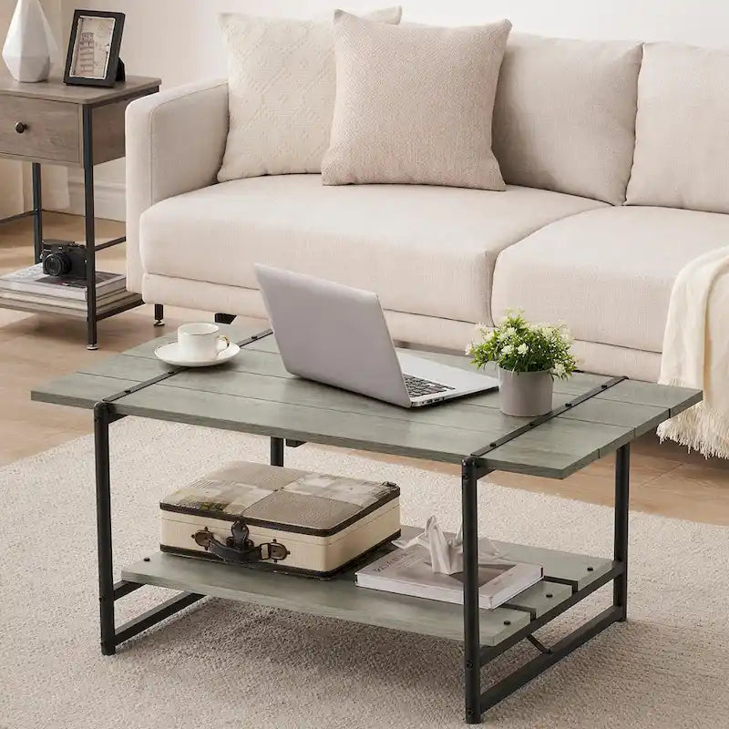 Mesa de Centro Industrial de 2 Niveles – Gris / Nogal Negro / Roble, para 1 persona