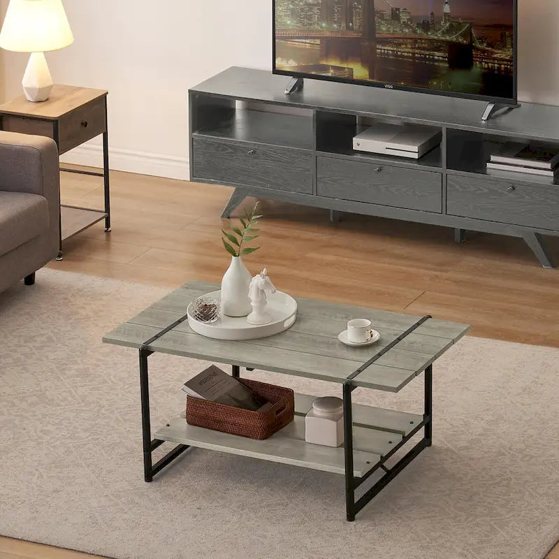 Mesa de Centro Industrial de 2 Niveles – Gris / Nogal Negro / Roble, para 1 persona