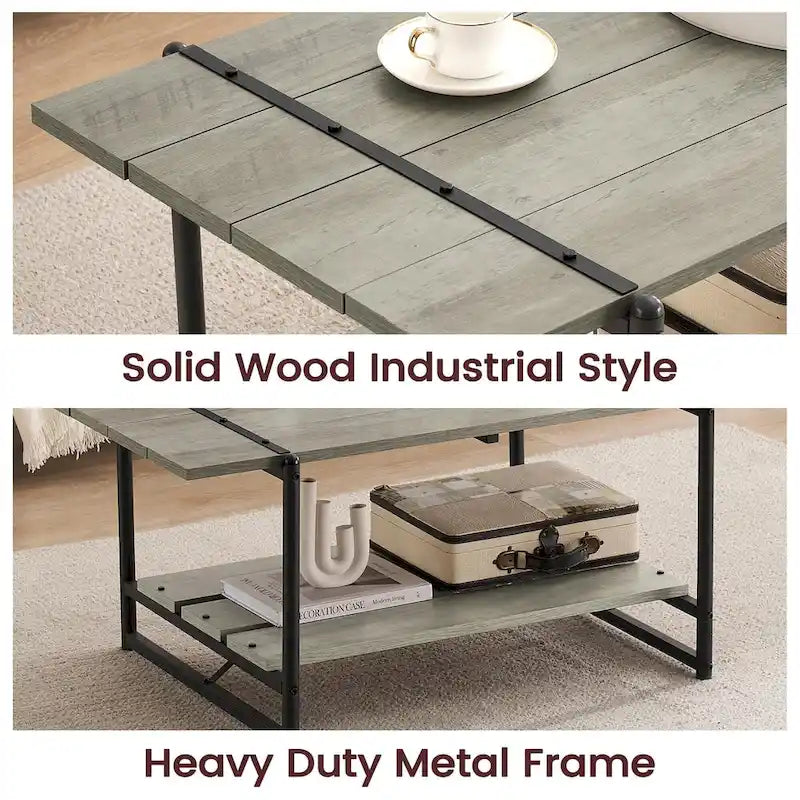Mesa de Centro Industrial de 2 Niveles – Gris / Nogal Negro / Roble, para 1 persona