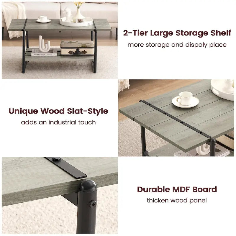 Mesa de Centro Industrial de 2 Niveles – Gris / Nogal Negro / Roble, para 1 persona