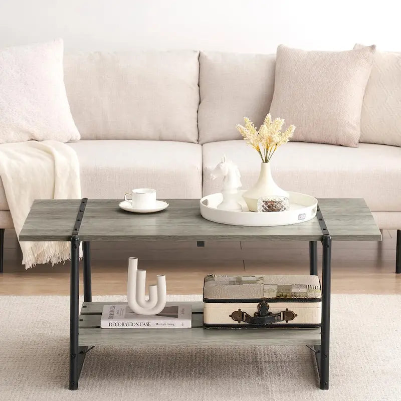 Mesa de Centro Industrial de 2 Niveles – Gris / Nogal Negro / Roble, para 1 persona