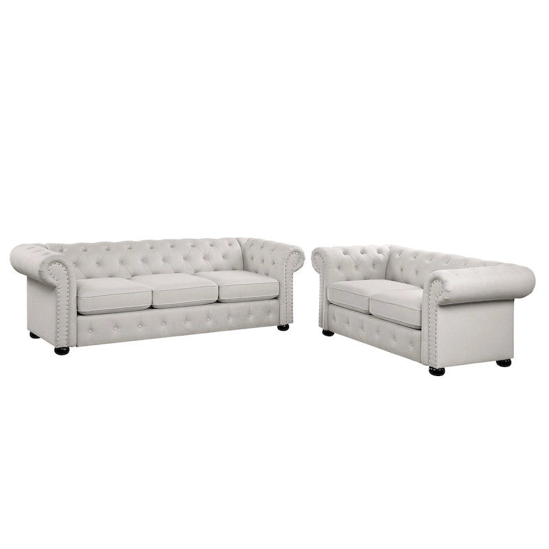 Juego de sofá Chesterfield y diván con mechones beige, gris o gris oscuro, lino, 2+3 plazas