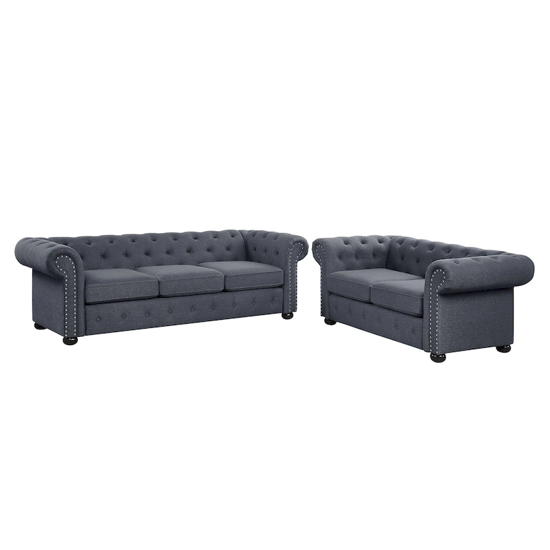 Juego de sofá Chesterfield y diván con mechones beige, gris o gris oscuro, lino, 2+3 plazas