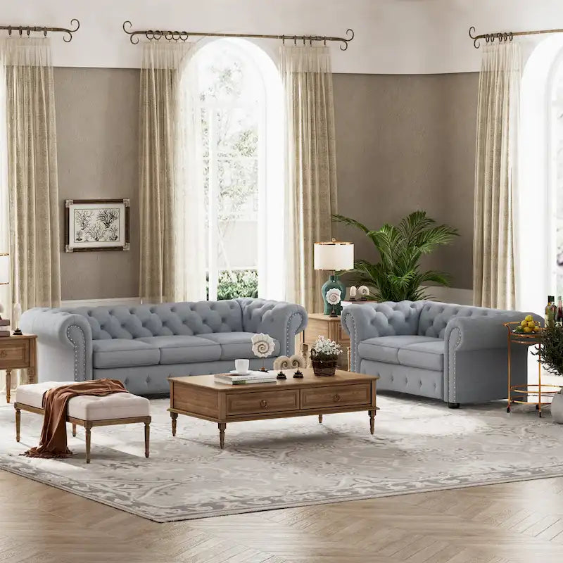Juego de sofá Chesterfield y diván con mechones beige, gris o gris oscuro, lino, 2+3 plazas