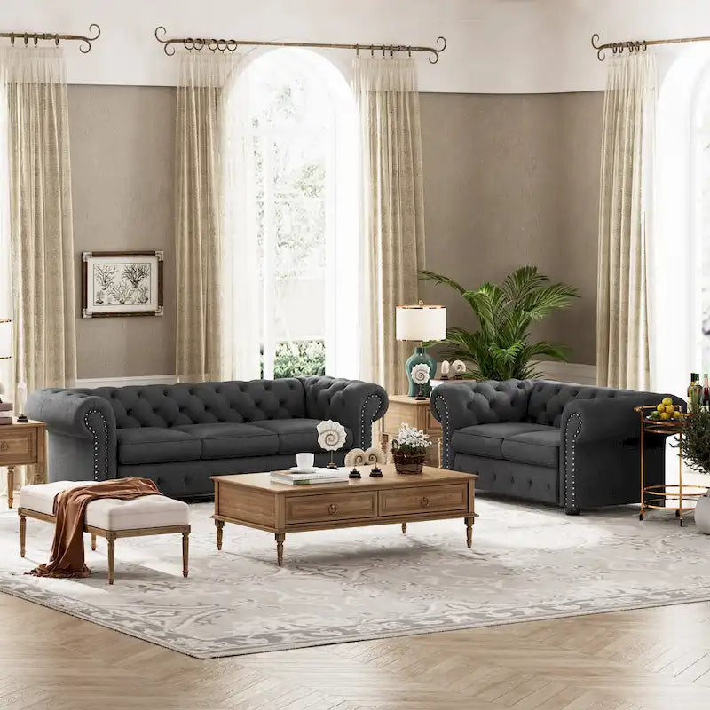 Juego de sofá Chesterfield y diván con mechones beige, gris o gris oscuro, lino, 2+3 plazas