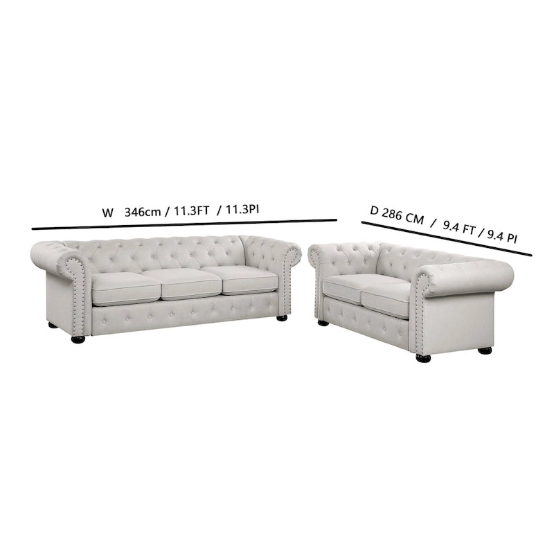 Juego de sofá Chesterfield y diván con mechones beige, gris o gris oscuro, lino, 2+3 plazas