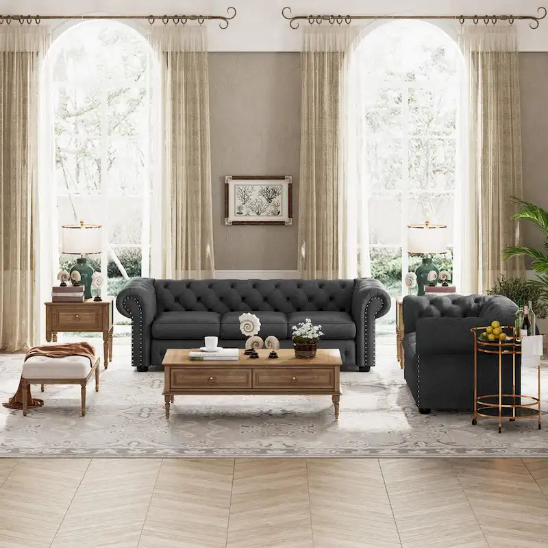 Juego de sofá Chesterfield y diván con mechones beige, gris o gris oscuro, lino, 2+3 plazas