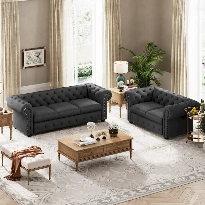 Juego de sofá Chesterfield y diván con mechones beige, gris o gris oscuro, lino, 2+3 plazas