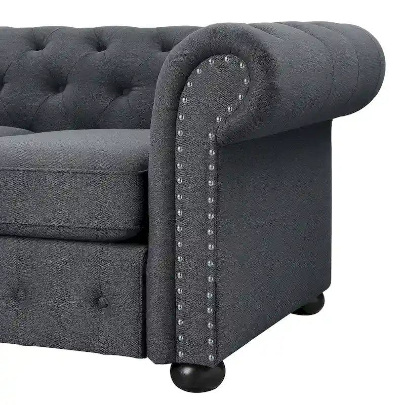 Juego de sofá Chesterfield y diván con mechones beige, gris o gris oscuro, lino, 2+3 plazas