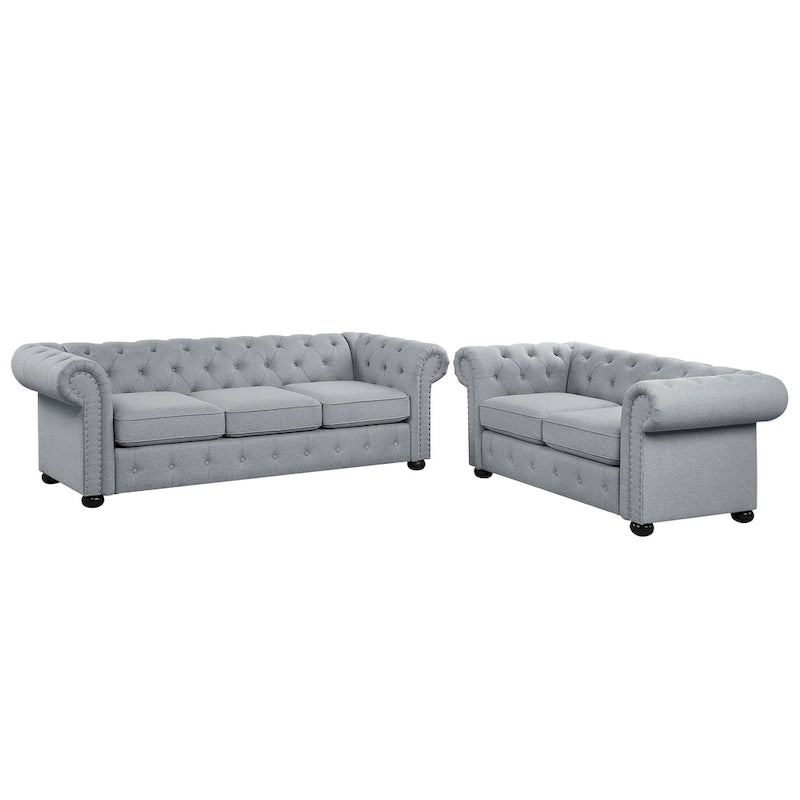 Juego de sofá Chesterfield y diván con mechones beige, gris o gris oscuro, lino, 2+3 plazas