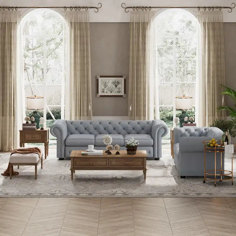 Juego de sofá Chesterfield y diván con mechones beige, gris o gris oscuro, lino, 2+3 plazas