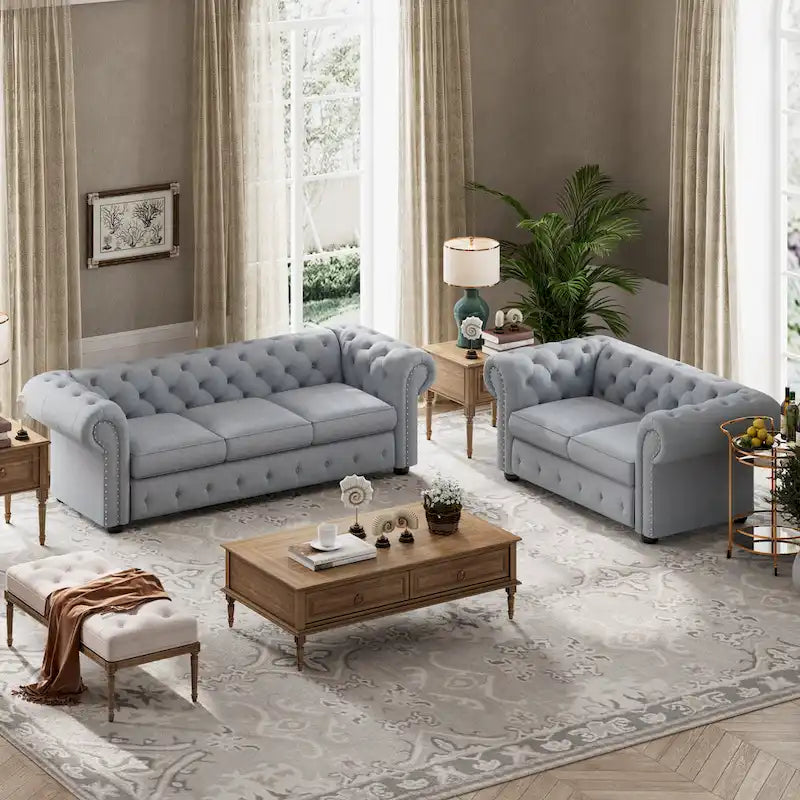 Juego de sofá Chesterfield y diván con mechones beige, gris o gris oscuro, lino, 2+3 plazas