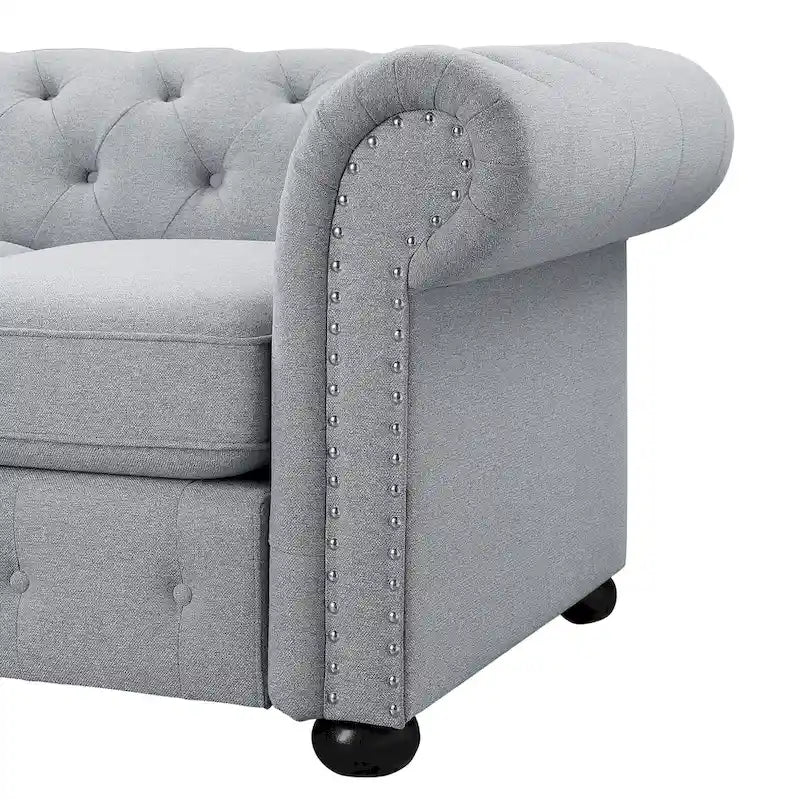 Juego de sofá Chesterfield y diván con mechones beige, gris o gris oscuro, lino, 2+3 plazas