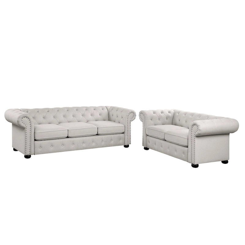 Juego de sofá Chesterfield y diván con mechones beige, gris o gris oscuro, lino, 2+3 plazas