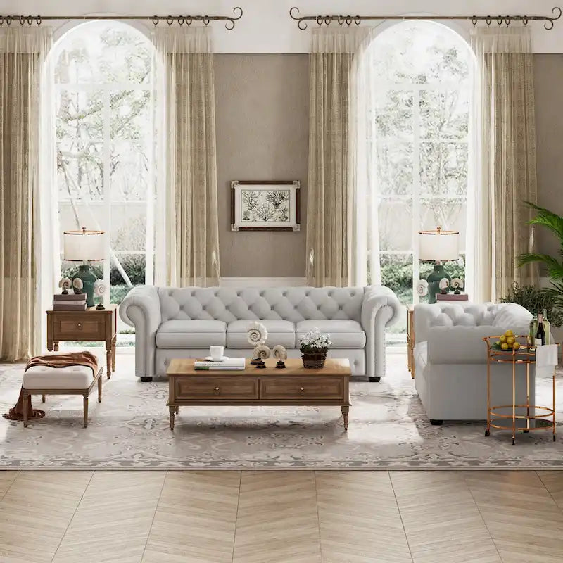 Juego de sofá Chesterfield y diván con mechones beige, gris o gris oscuro, lino, 2+3 plazas