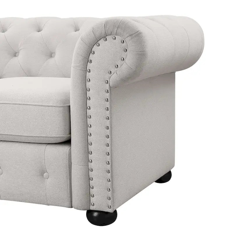 Juego de sofá Chesterfield y diván con mechones beige, gris o gris oscuro, lino, 2+3 plazas