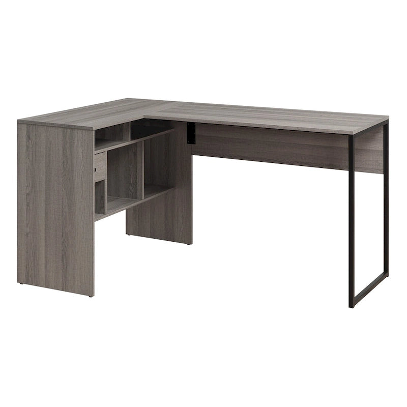 Escritorio esquinero en forma de L con acabado de madera gris para 1 persona