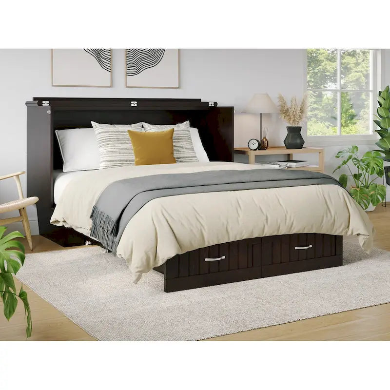 Arcón de cama Murphy tamaño Queen con colchón – Gris / Blanco / Espresso, Capacidad para 1–2 personas