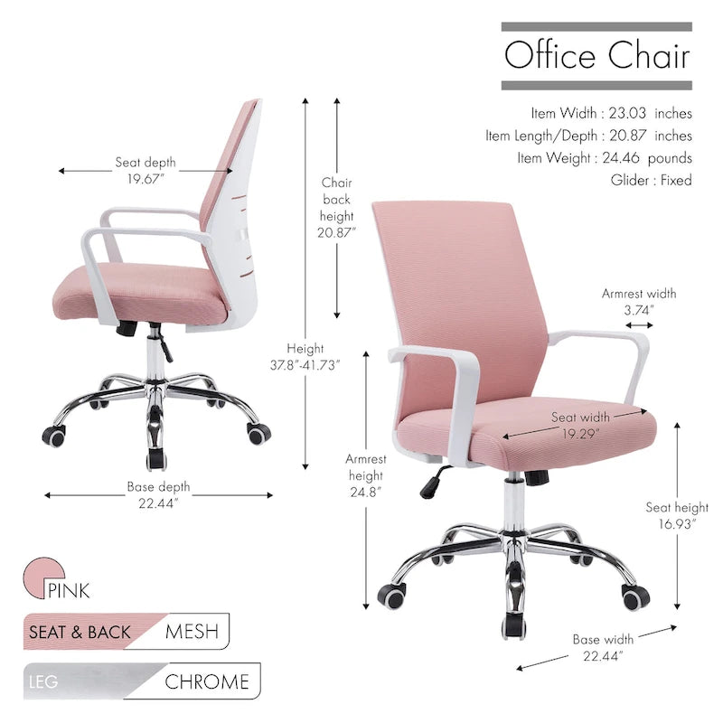 Silla de oficina giratoria con respaldo de malla rosa/negra/blanca, asiento individual