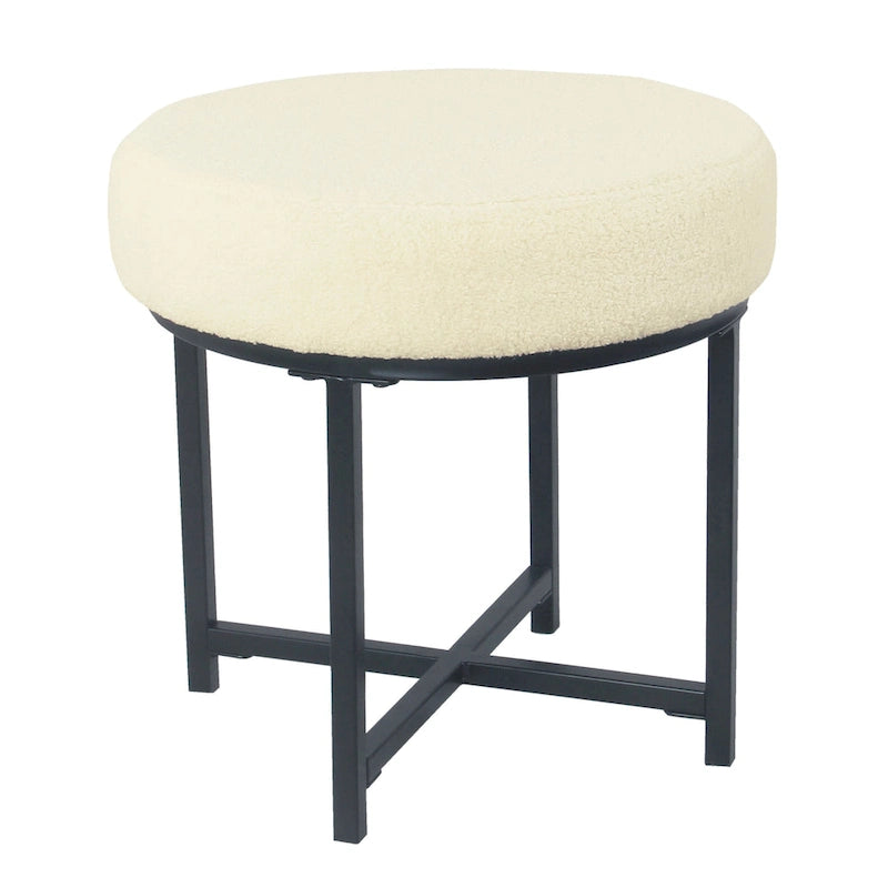 Puf redondo, piel sintética de oveja color crema, base de metal negro mate, asiento individual