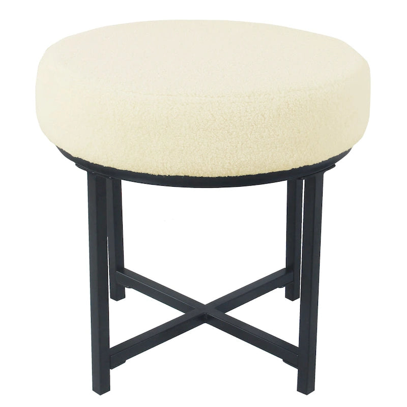 Puf redondo, piel sintética de oveja color crema, base de metal negro mate, asiento individual