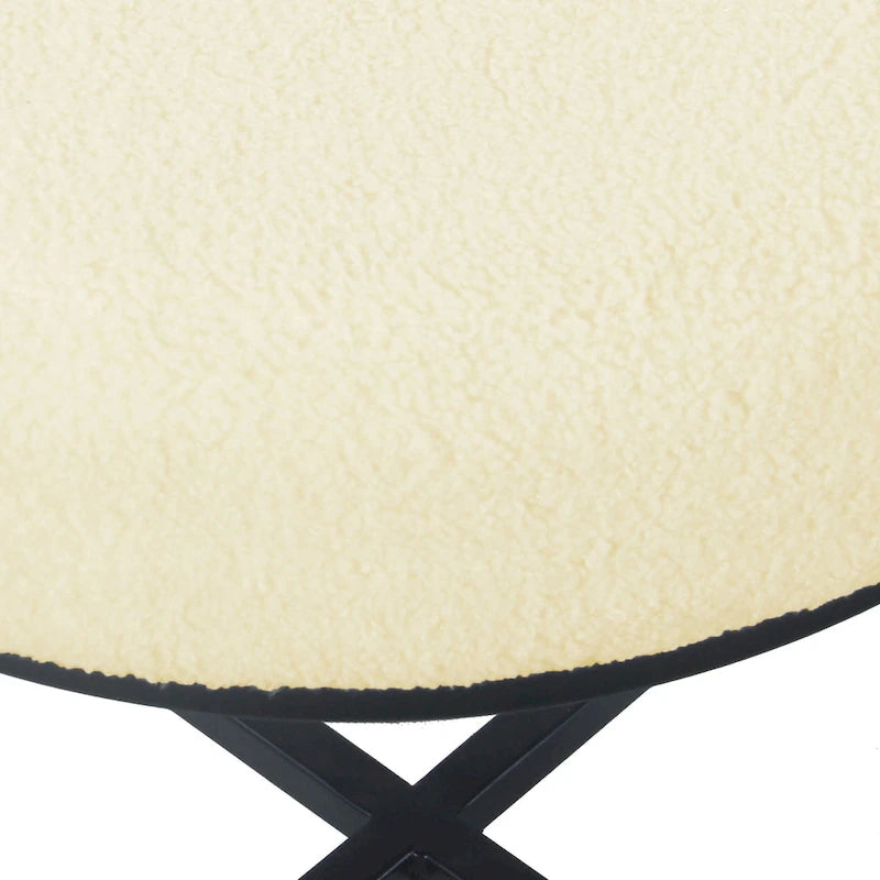 Puf redondo, piel sintética de oveja color crema, base de metal negro mate, asiento individual