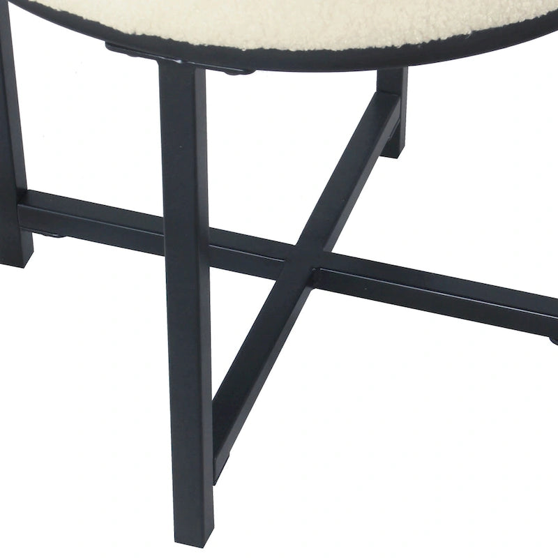 Puf redondo, piel sintética de oveja color crema, base de metal negro mate, asiento individual